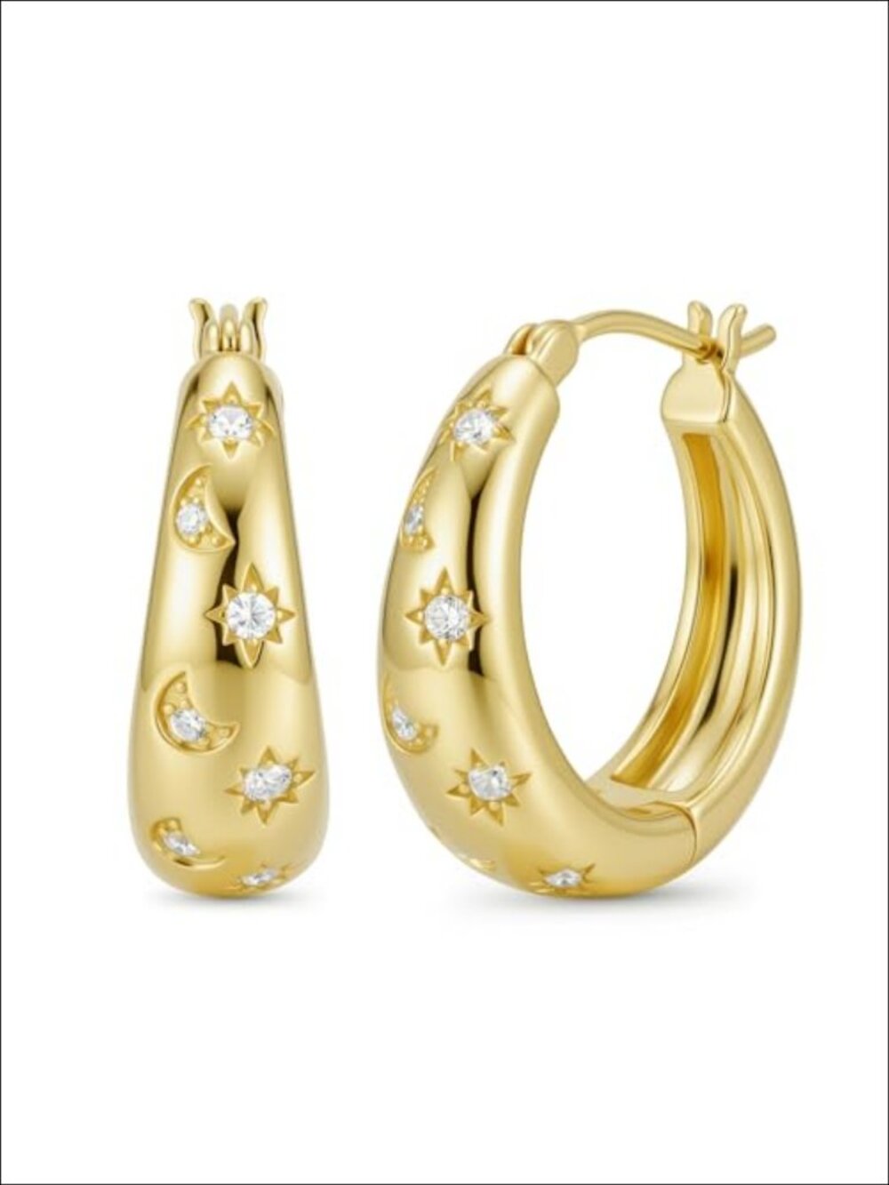 14K Gold Plated Chunky Hoop Earrings 20mm Moon Star Cubic Zirconia Huggie